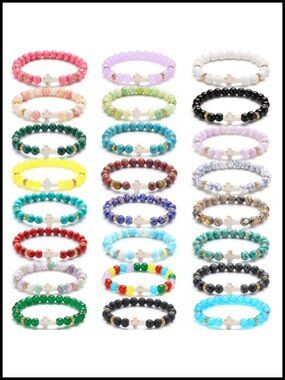 24 Pcs 8mm Natural Stone Beaded Cross Bracelets Elastic Stretch